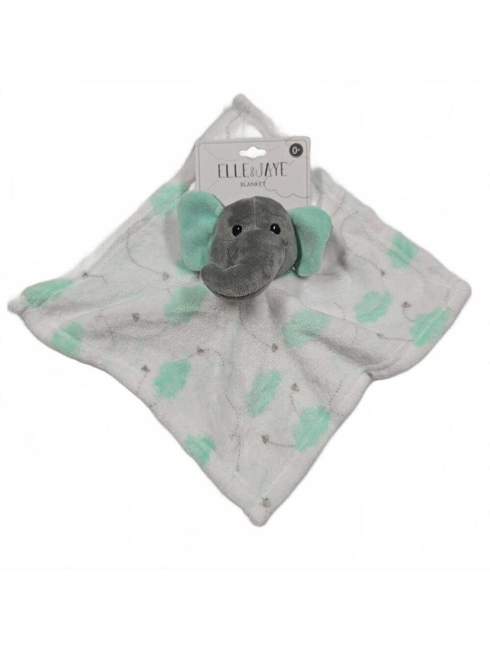 ELLE & JAYE Lovey Security Blanket Gray Elephant Clouds Plush White Green 10”